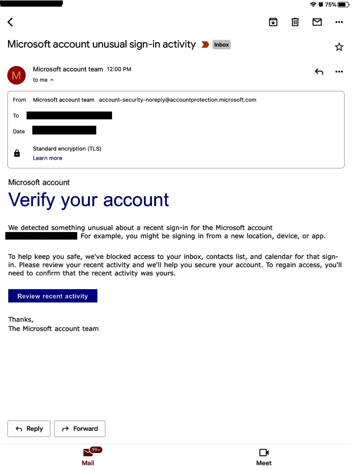 microsoft unusual sign in activity email for gmail account